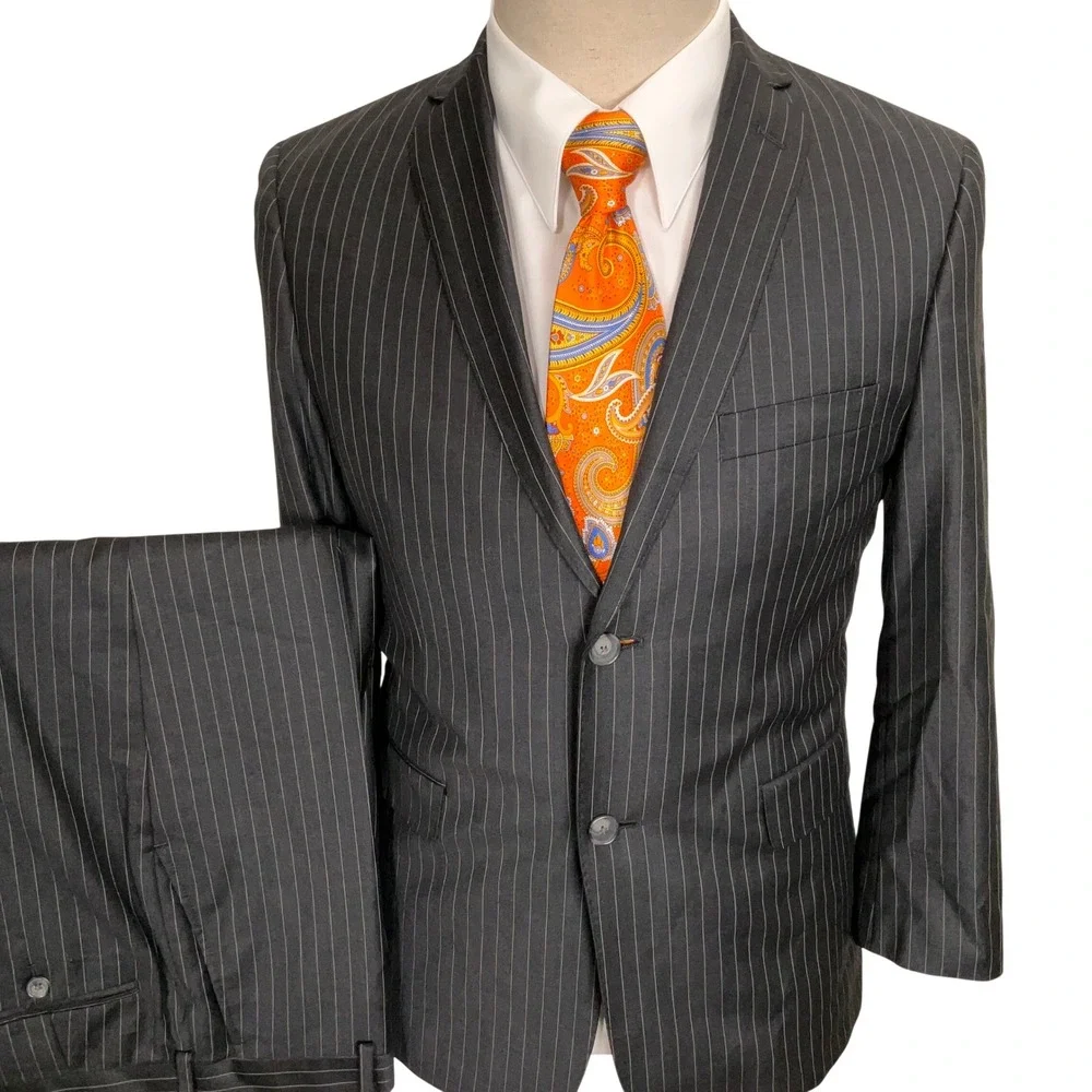 Hickey Freeman Suit Boys 37S 31W Charcoal Pinstripe Wool 2-Button